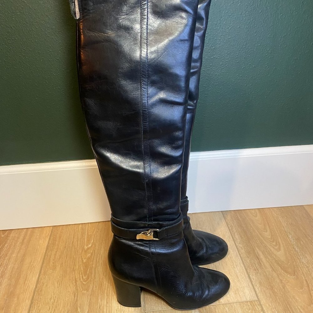Over the Knee Black Leather Boots with Gold Buckle